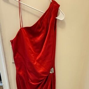 Vintage Rose Taft Couture Red Satin Asymmetric Neck Evening Formal Dress